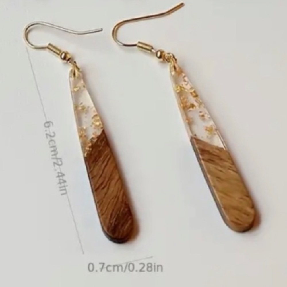 Wood turquoise resin two tone tear drop dangle earrings boho spring summer fall - Picture 4 of 5